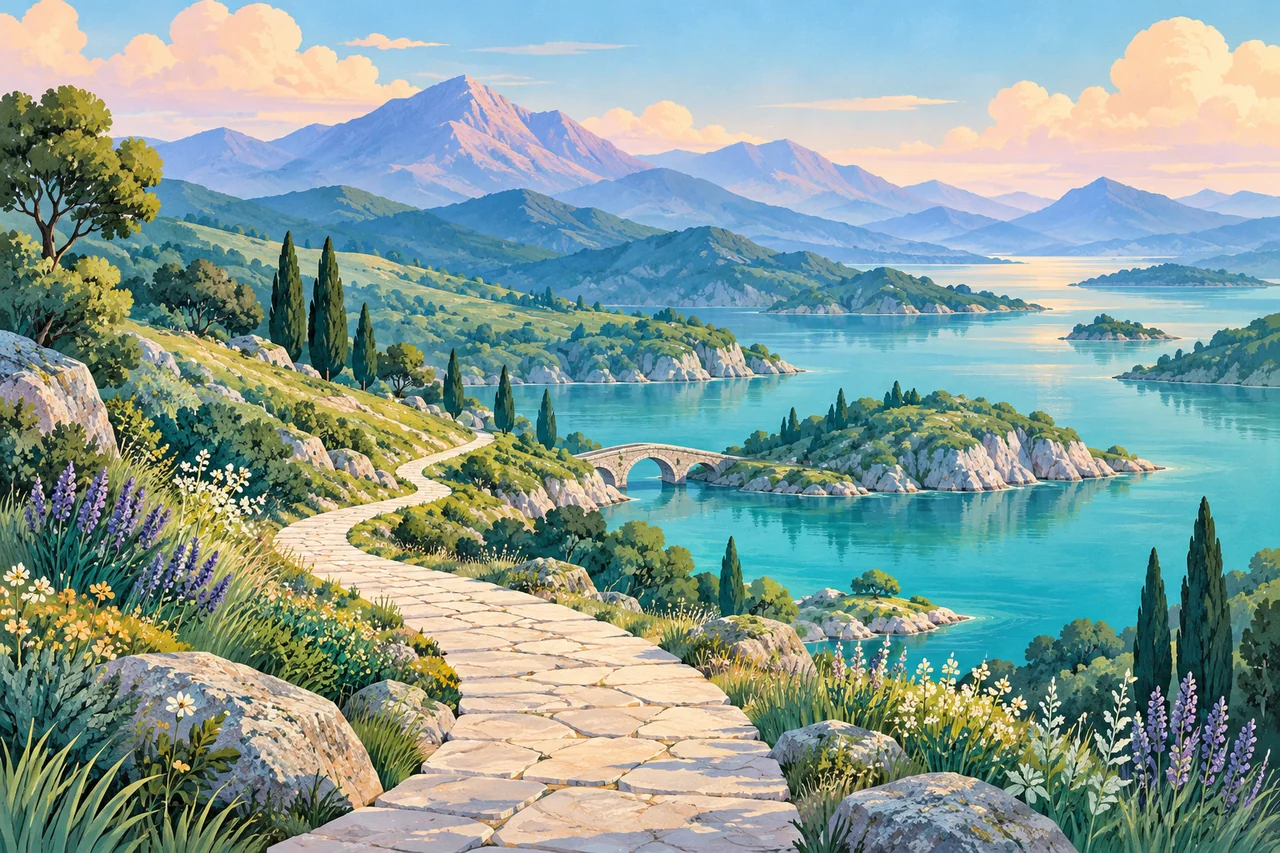 An illustrated winding path through layered mountain landscapes