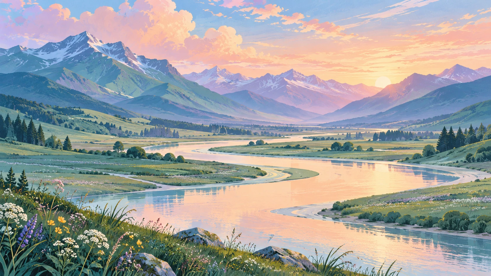 An illustrated mountain valley and lake in soft pastel colors