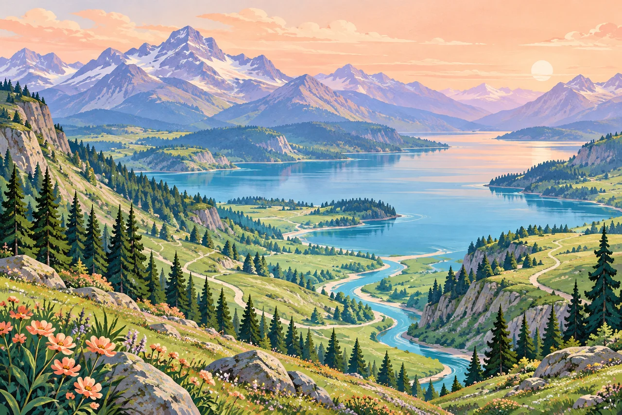 Illustrated mountain pathways joining a shared landscape